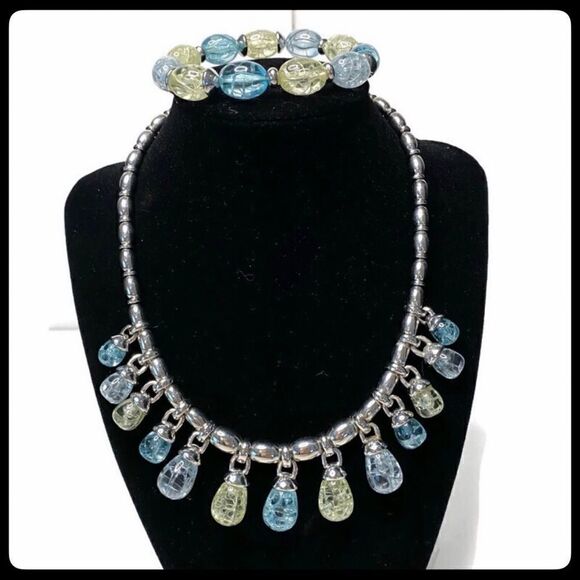 NAPIER Silver-Toned Beaded Necklace with  Colored Hanging Beads with Bracelet - Picture 2 of 6